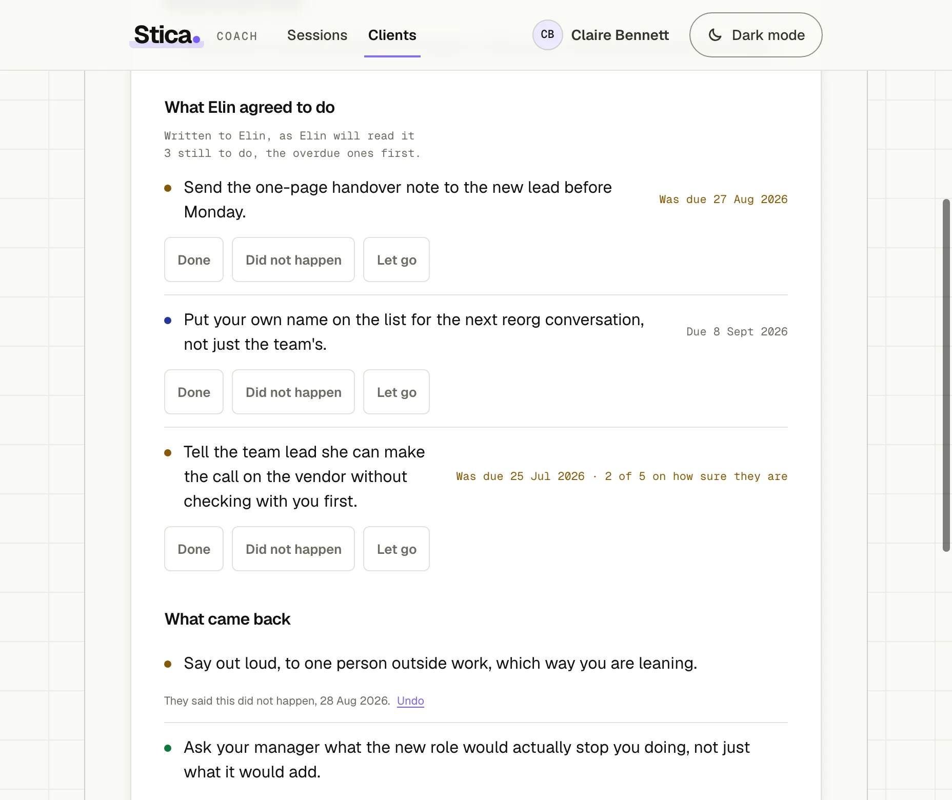 One client's page in Stica Coach: their last session, each thing they committed to, and the answers that have come back so far.